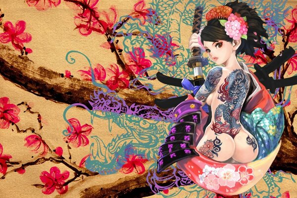 Ragazza in abito giapponese, lama e tatuaggio sulla schiena