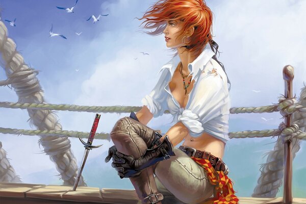 The pirate girl looks thoughtfully into the distance of the sea