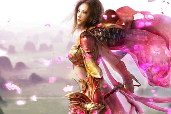 A warrior girl among rose petals