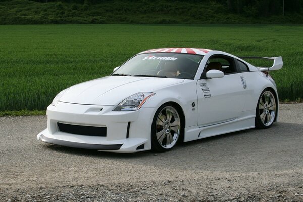 White sports car on a background of green grass