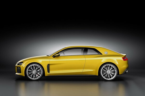 Coche amarillo Audi 5 generación sobre fondo gris