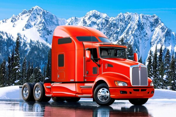 Camion rouge sur fond de paysage d hiver