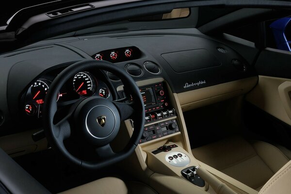 The interior of a luxury Lamborghini car