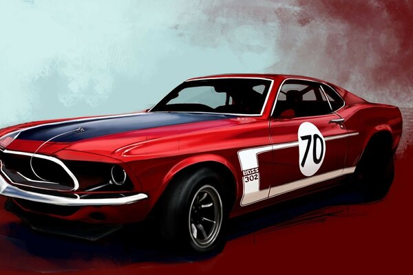 Rosso Ford Mustang Boss 302 con adesivi sportivi