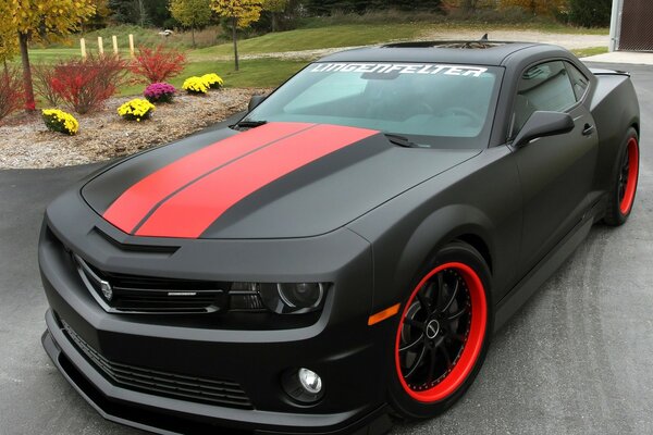 Schwarz-roter Chevrolet Camaro auf dem Parkplatz am Blumenbeet