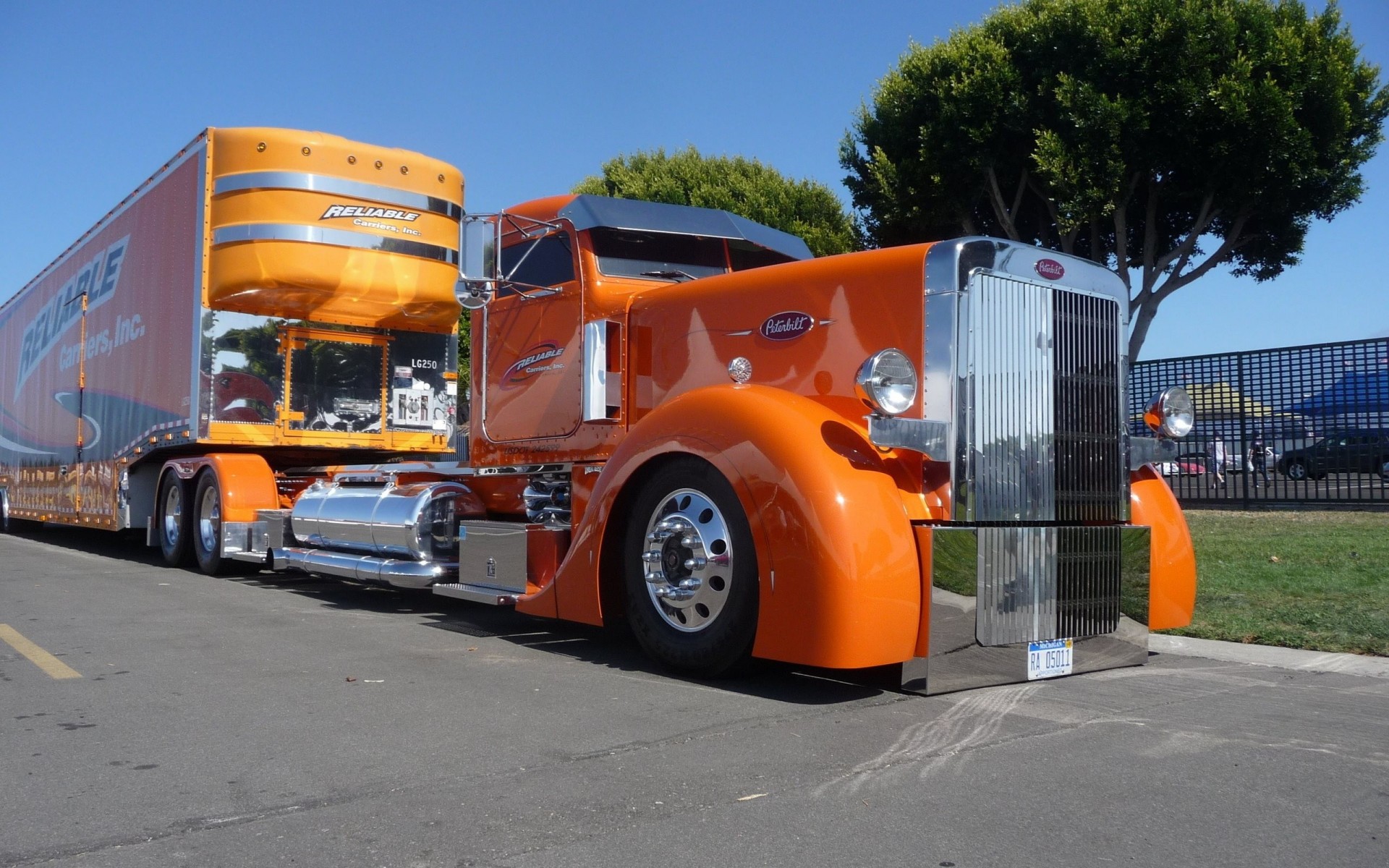 orange truck helmet big rig peterbilt checkout cabin