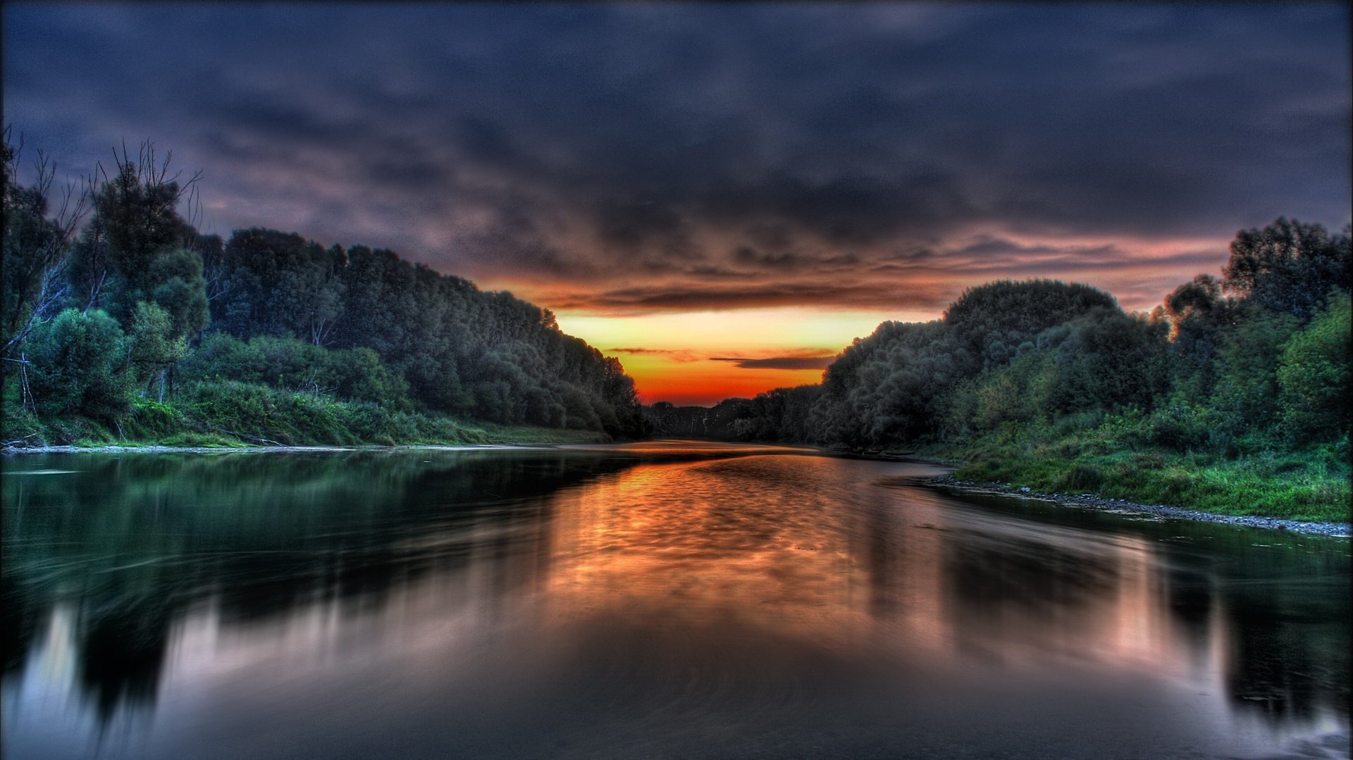 belleza celestial puesta de sol reflejo de espejo río bosque dos orillas paisaje naturaleza superficie corriente vegetación árboles