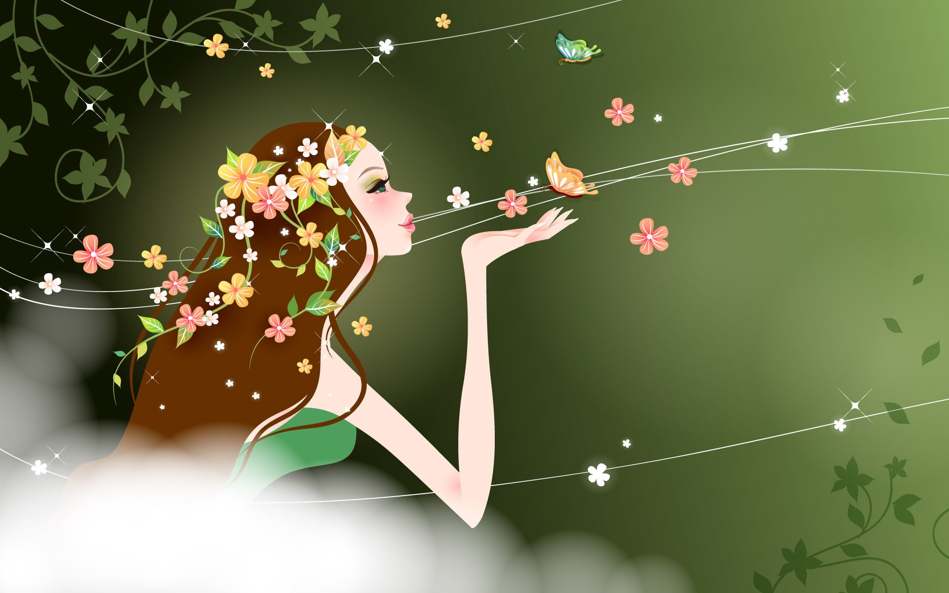 trecce ramate fiori tra i capelli prendisole verde disegno profilo primavera farfalle luci 8 marzo cartolina vacanza festa della donna