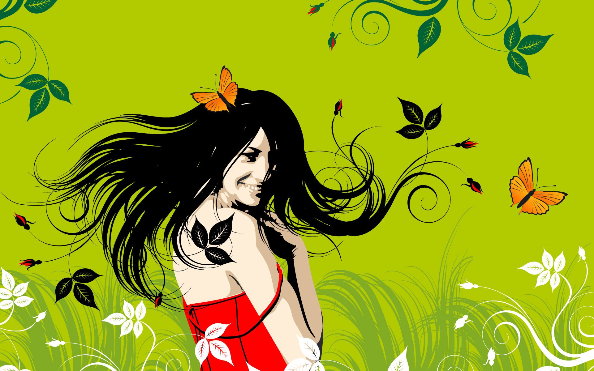 vert vif fleurs beauté brune papillons brunette robe rouge sourire vacances 8 mars