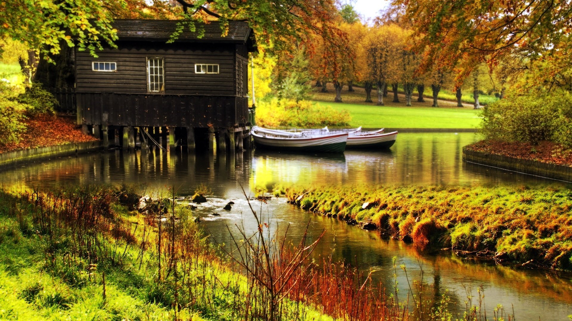 sull acqua campi luminosi casetta del guardaboschi autunno acqua fiume natura barca terra erba riva casa alberi