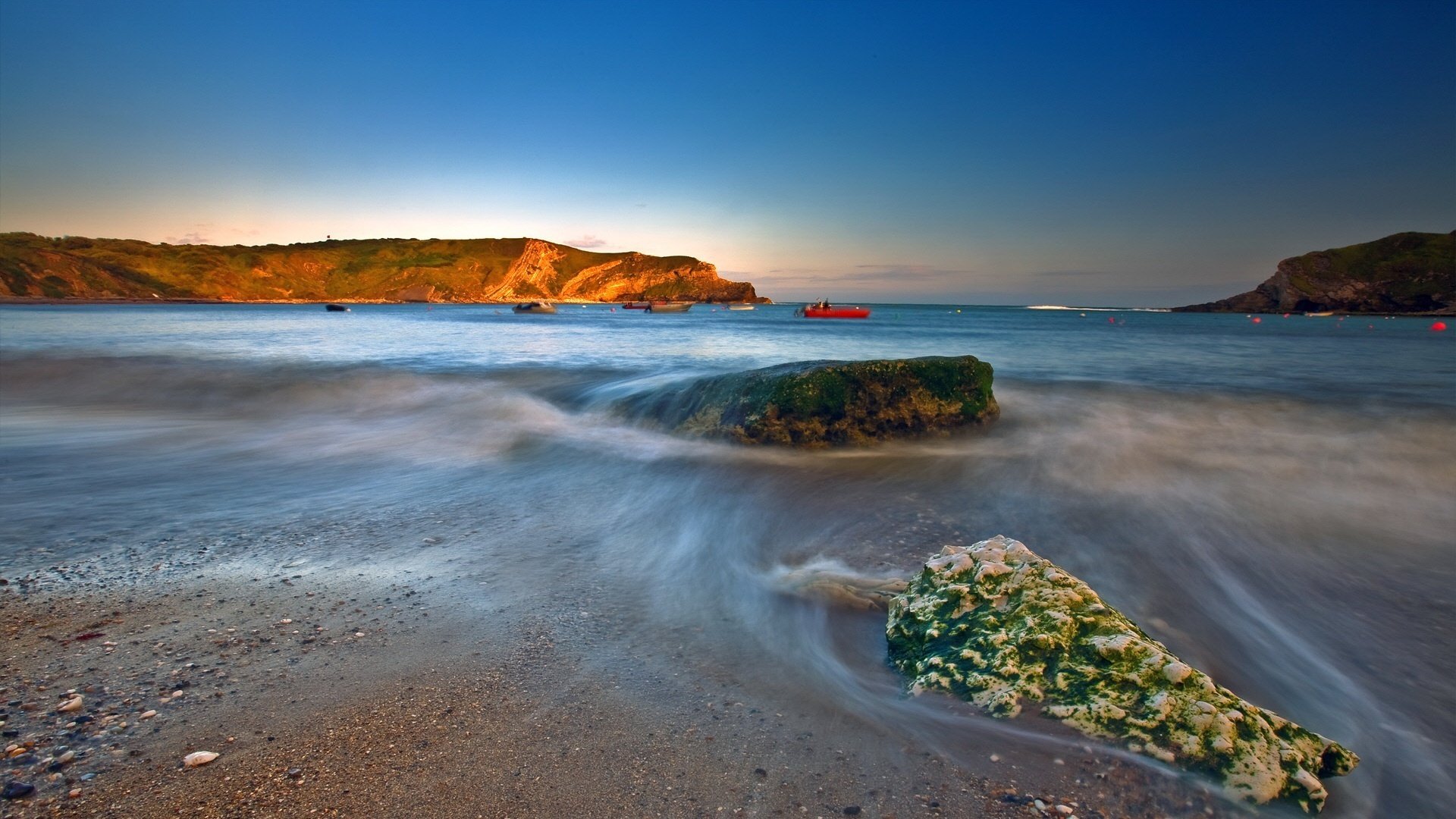 green painting stone misty water mountains water sea boat rocks surf shore beach wave