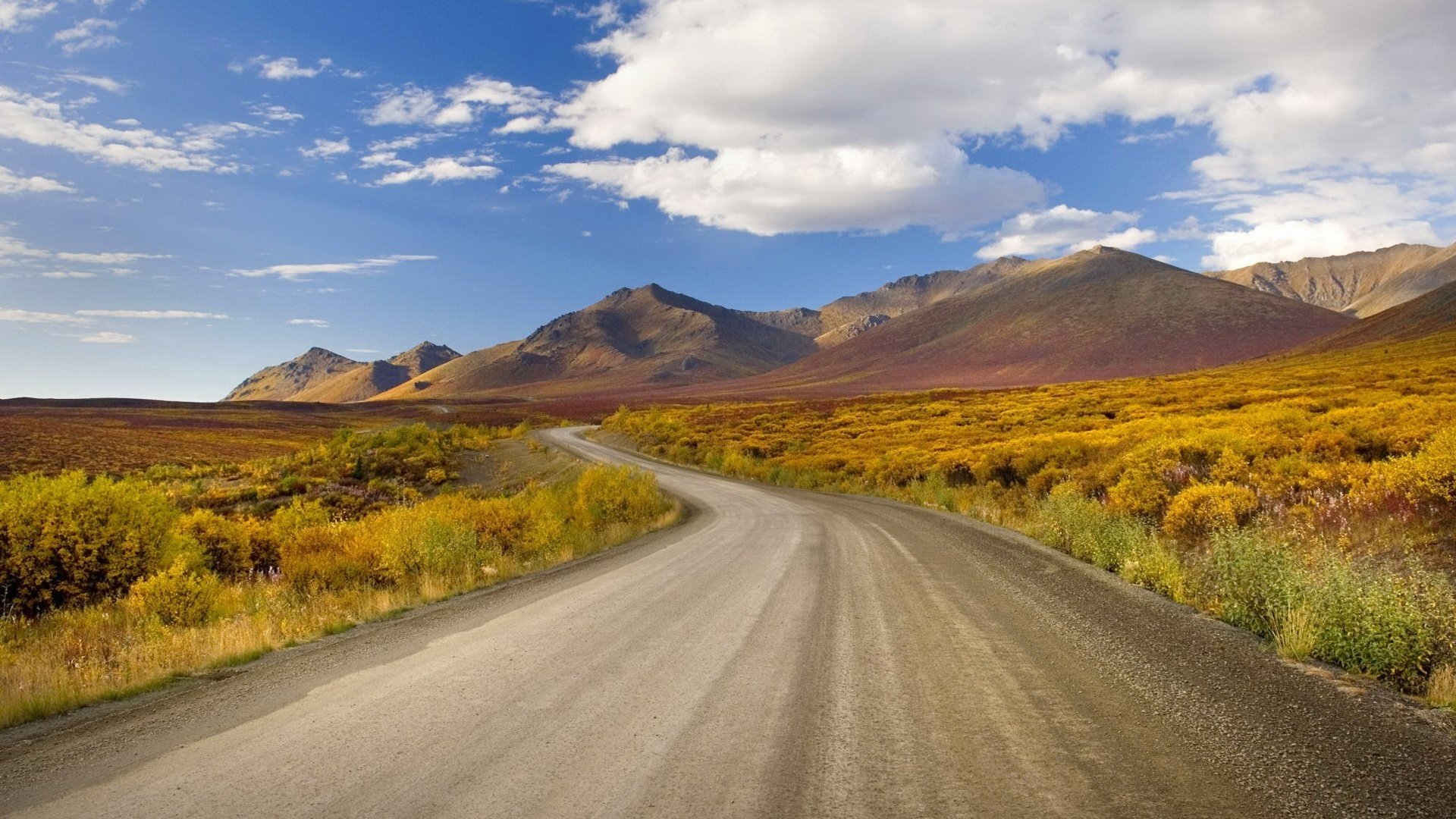 road to the mountains golden bushes mountains road autumn grass roadside sky clouds horizon clouds desert heat