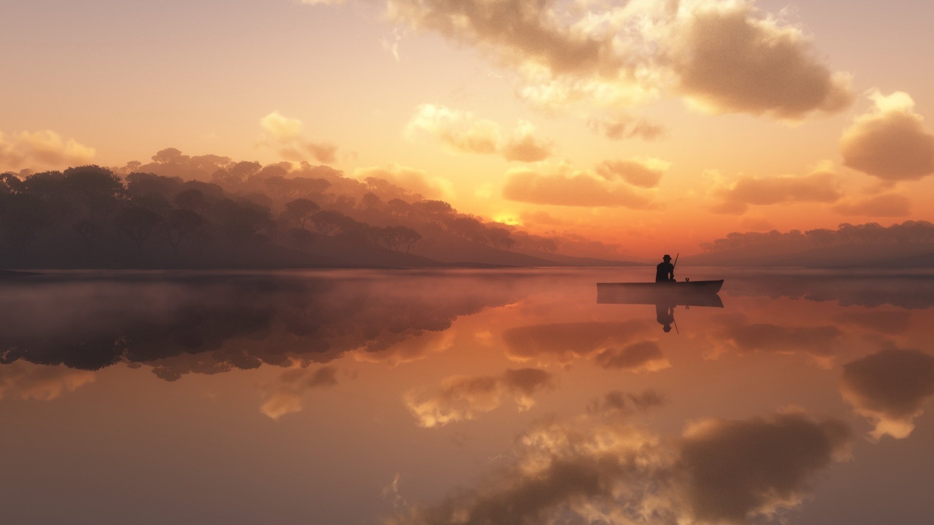 lonely fisherman pink haze lake sunset water people fog fishing horizon clouds landscape nature forest trees reflection man boat pond