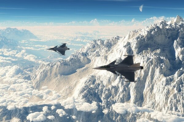 Two fighter jets over snow-capped mountains on a sunny day