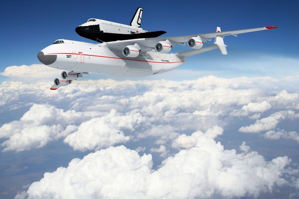 The Buran plane is flying in the clouds