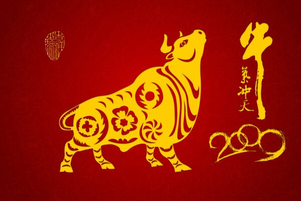 Golden cow 2009 on a red background