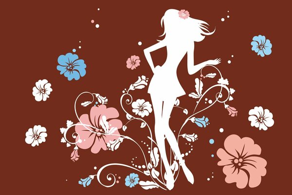 White silhouette of a girl with flowers white flowers