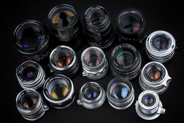 Lenses and lenses from cameras on a black background