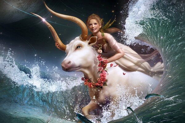 Belle fille à cheval sur un buffle sur les vagues