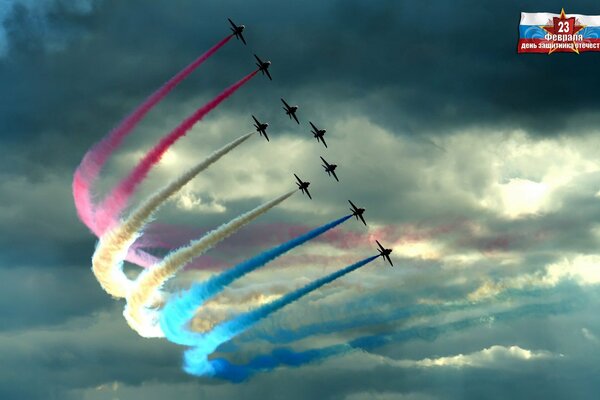 Multicolored smoke in the sky on the holiday of the SA and Navy