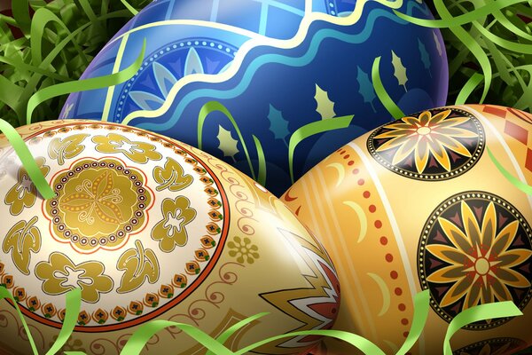 Decorated Easter eggs on a background of green ribbons
