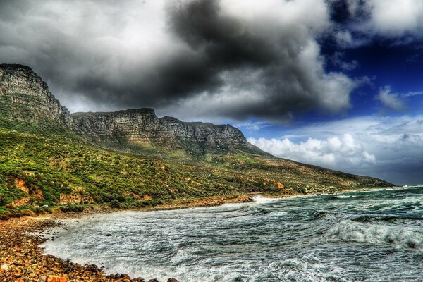 Waves on the water under dark clouds