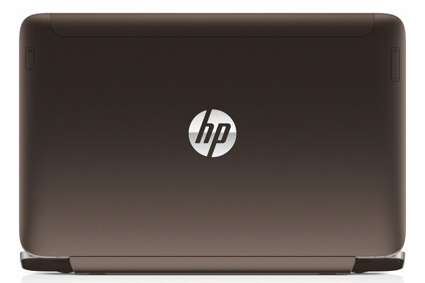 White HP logo on a gray laptop