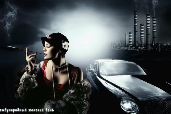 A woman with a long cigarette in profile, against the background of a car and factory pipes