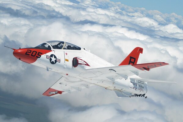 Beautiful white and red airplane in the clouds