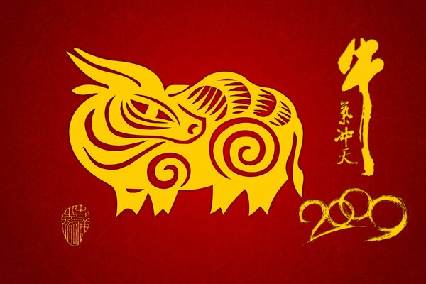 Simbolo dell anno toro d oro su sfondo rosso