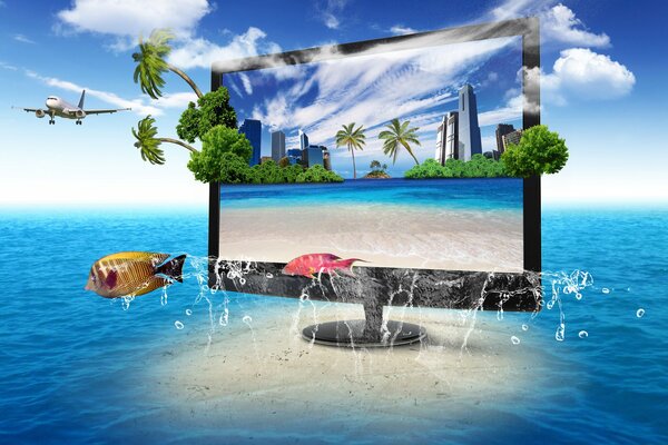 Colorful TV screen on the background of the ocean