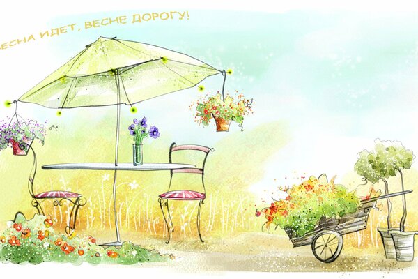 A cart with greenery near an umbrella with chairs