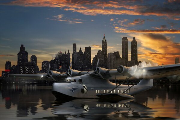 Image of a seaplane on the background of megopolis