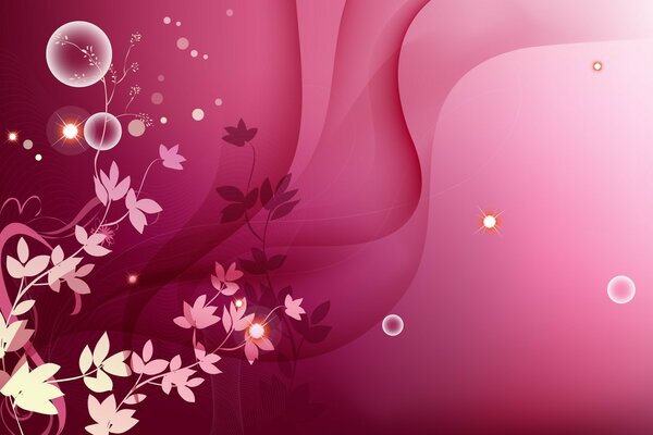 Pink flowers and leaves. Bubbles