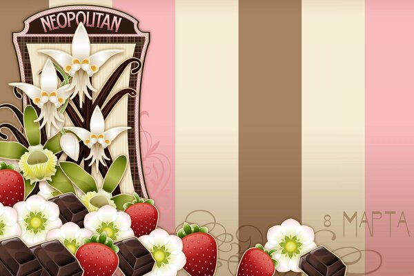 Bonbons au chocolat, fraises et fleurs sur fond rayé