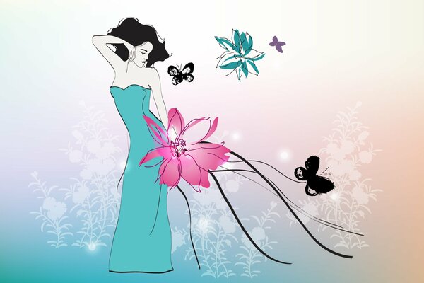 Drawing of a girl with black hair in a soft turquoise dress