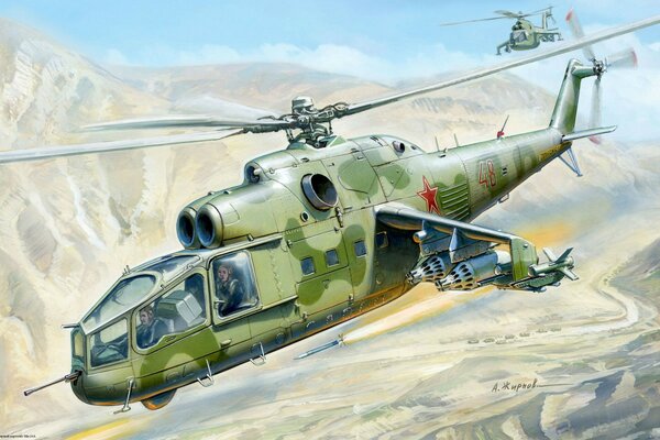 Disegno di un elicottero Mi-24 sullo sfondo delle montagne