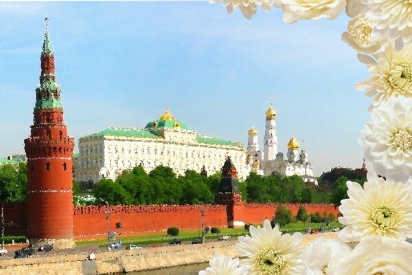 Collage mit Blumen und Foto des Kremls an einem sonnigen Tag