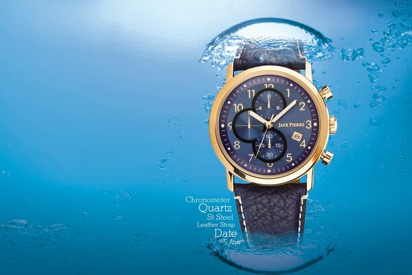 Advertisement of a waterproof watch sinking in the blue sea