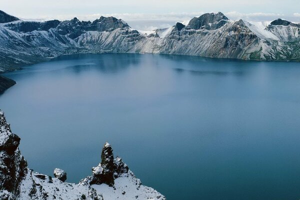 Blue lake in the snowy mountains