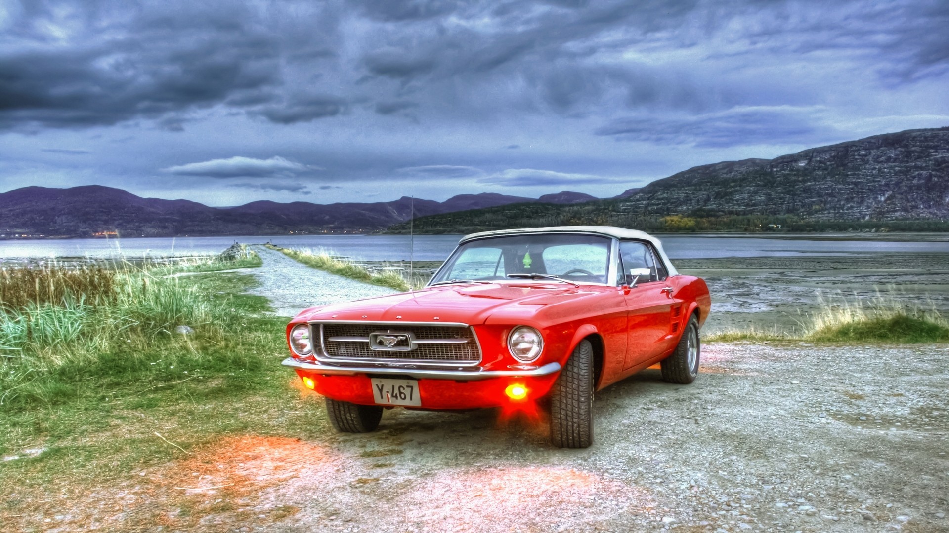 faros lago convertible crepúsculo coche