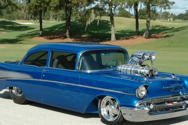 Blue Chevrolet hot rod in nature