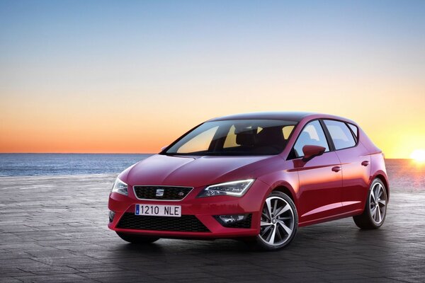 Beautiful red car on sunset background