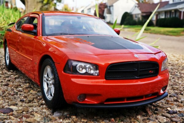 Dodge rojo estacionado en el patio