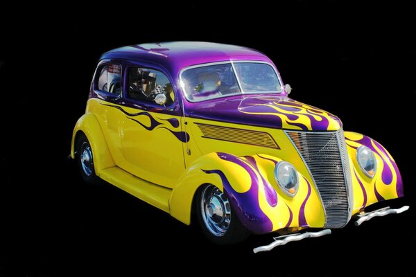 Yellow car with purple flames