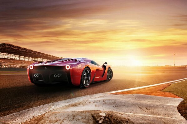 A fifth-generation sports car on the background of sunset