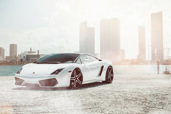 Lamborghini on the shore of the city bay