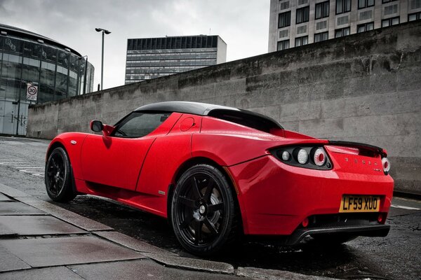 Red sports car, rear view