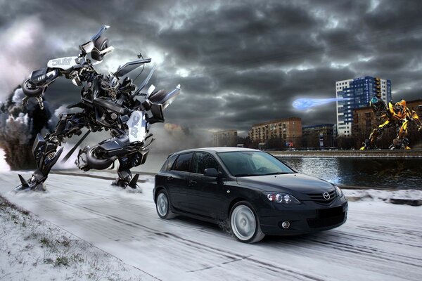 High transformer robot and Mazda car