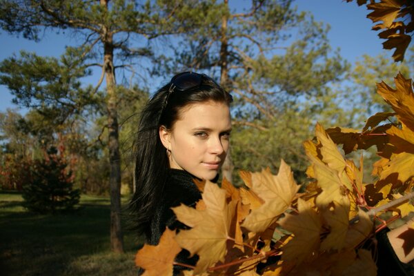 Mädchen auf dem Hintergrund der Herbstlandschaft mit Bäumen